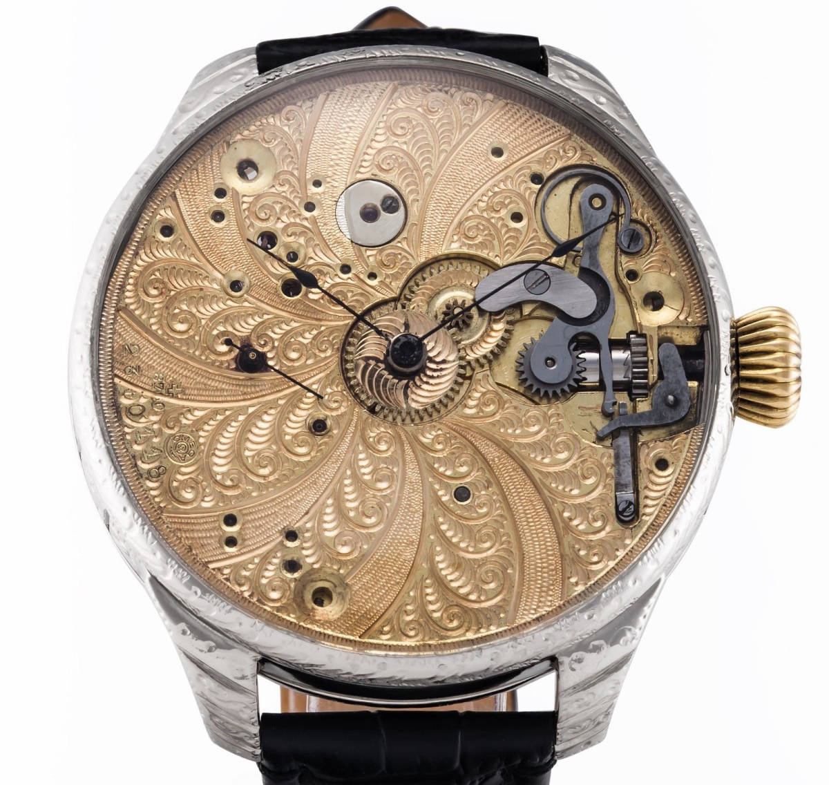 Custom Watch Using 1905 Omega Pocket Watch Movement Spiral Full Engraving Wristwatch