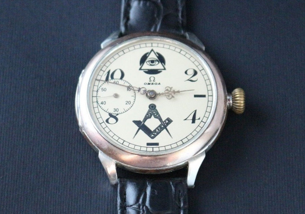 Custom Wristwatch Using 1910 Omega Pocket Watch Movement And Pure Silver Case Freemason White Dial