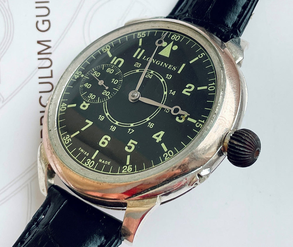 1889 Longines Pocket Watch Movement & Solid Silver Case Custom Wristwatch Pilot Dial