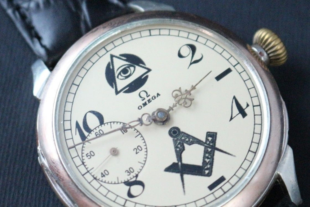 Custom Wristwatch Using 1910 Omega Pocket Watch Movement And Pure Silver Case Freemason White Dial