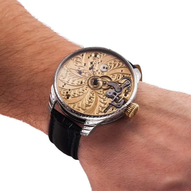 Custom Watch Using 1905 Omega Pocket Watch Movement Spiral Full Engraving Wristwatch