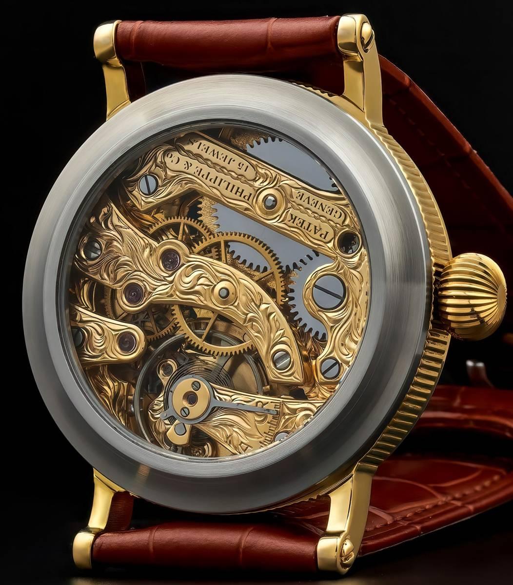 A 49.0 mm Patek Philippe Carved Gold Dial Leather Band Watch With Pocket Watch - Murphy Johnson Watches Co.