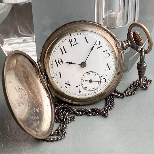 Antique Pocket Watch German Silver Unbranded Manual Hunter Case 34mm Vintage - Murphy Johnson Watches Co.
