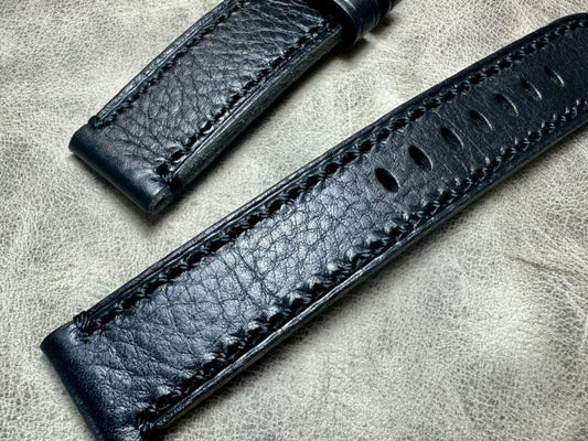 Black Leather Watch Strap and Black Stitches Pebbled First Layer Cowhide 20mm 22mm - Murphy Johnson Watches Co.