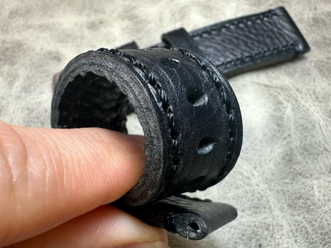 Black Leather Watch Strap and Black Stitches Pebbled First Layer Cowhide 20mm 22mm - Murphy Johnson Watches Co.