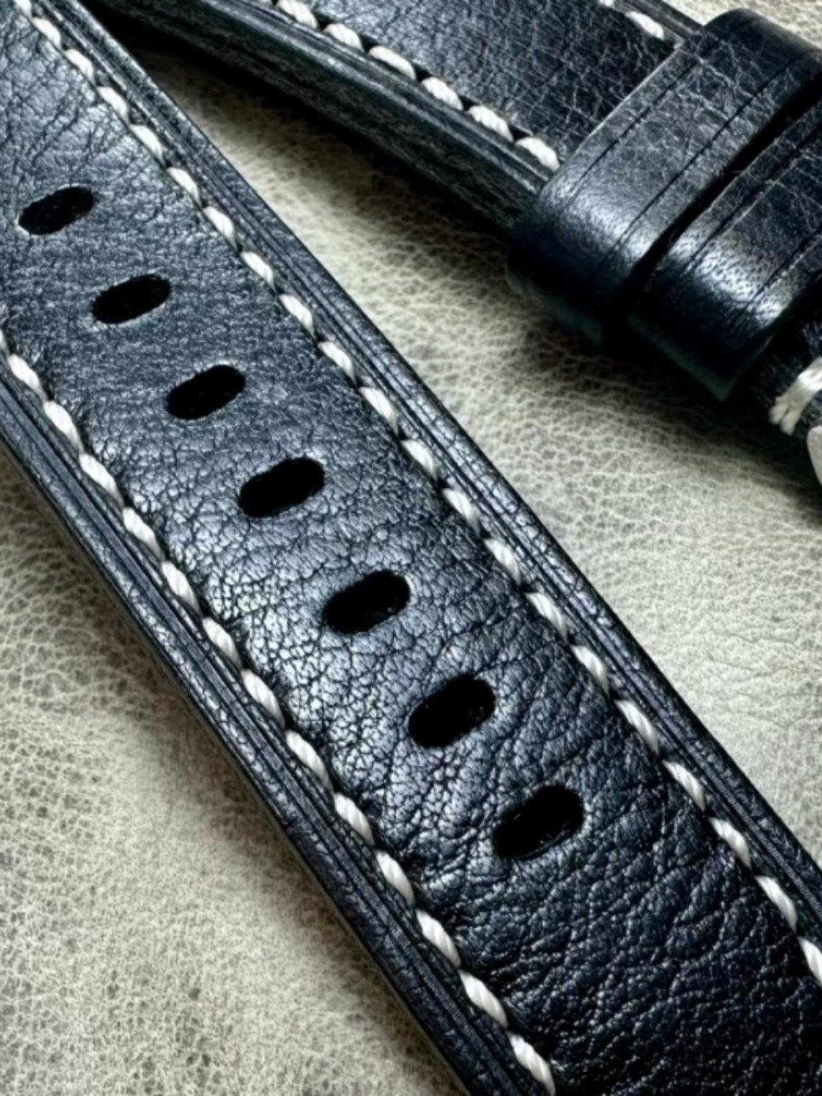 Black Leather Watch Strap and White Stitches Pebbled First Layer Cowhide 20mm 22mm - Murphy Johnson Watches Co.