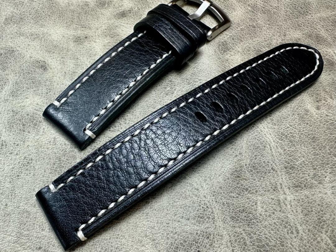 Black Leather Watch Strap and White Stitches Pebbled First Layer Cowhide 20mm 22mm - Murphy Johnson Watches Co.