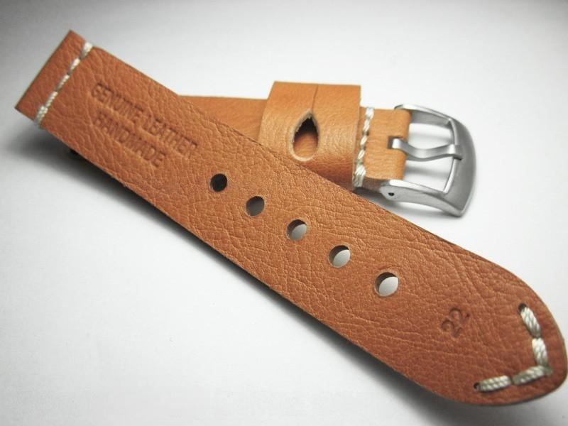 Handmade Brown Italian Calfskin Watch Strap and White Stitches 22mm Diving Watch Mountaineering Watch - Murphy Johnson Watches Co.