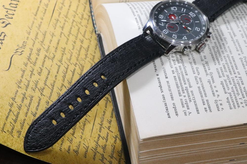 Handmade Soft Watch Leather Strap 22mm Black South African Ostrich Leather Strap with Cowhide Bottom, strong and durable - Murphy Johnson Watches Co.