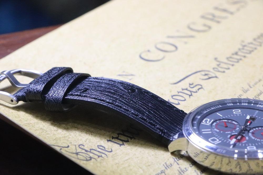 Handmade Soft Watch Leather Strap 22mm Black South African Ostrich Leather Strap with Cowhide Bottom, strong and durable - Murphy Johnson Watches Co.