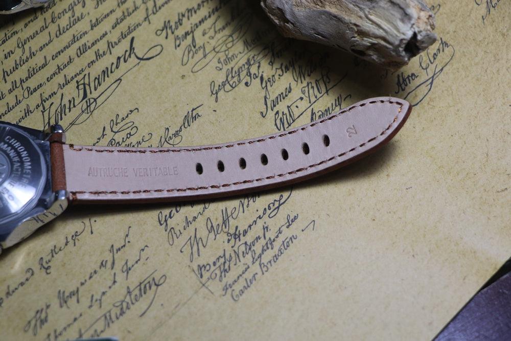 Handmade Soft Watch Leather Strap 22mm Brown South African Ostrich Leather Strap with Cowhide Bottom, strong and durable - Murphy Johnson Watches Co.