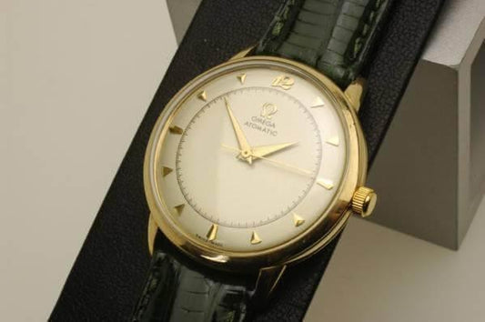 Omega Wristwatch Bumper Auto Movement 14k Gold Case 1950s - Murphy Johnson Watches Co.