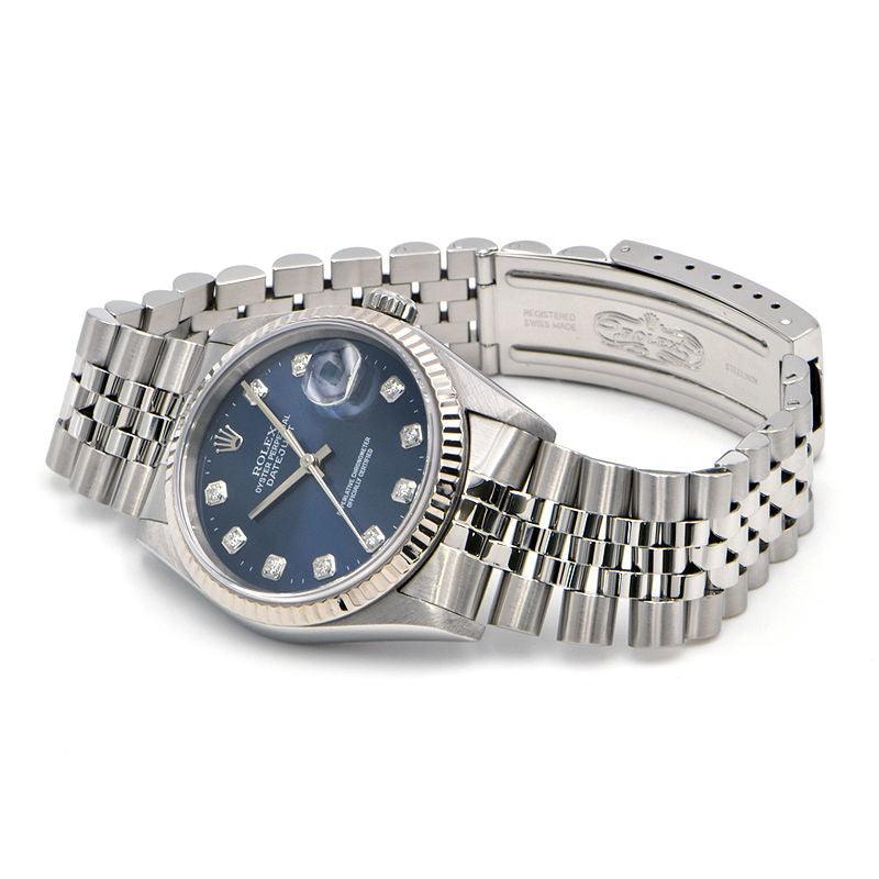 Rolex Datejust 16234G Men's No. K Overhauled/Polished Box and Paper Diamond Index Blue Dial Automatic Watch Used Free Shipping - Murphy Johnson Watches Co.