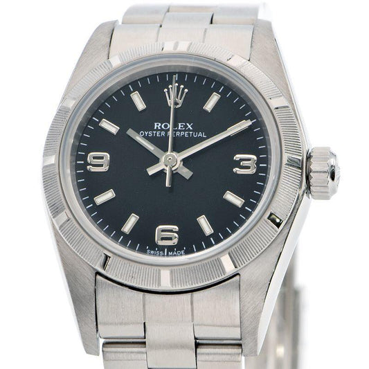 Rolex Ladies Oyster Perpetual 76030 Y number black dial engine turned bezel automatic watch used free shipping - Murphy Johnson Watches Co.
