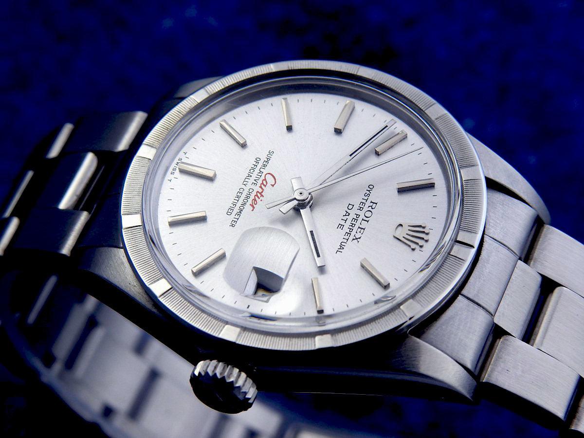 Rolex Oyster Perpetual Date 1501 Engine turned bezel Steel Silver dial Men's automatic winding (very good condition, overhauled) / 34mm - Murphy Johnson Watches Co.