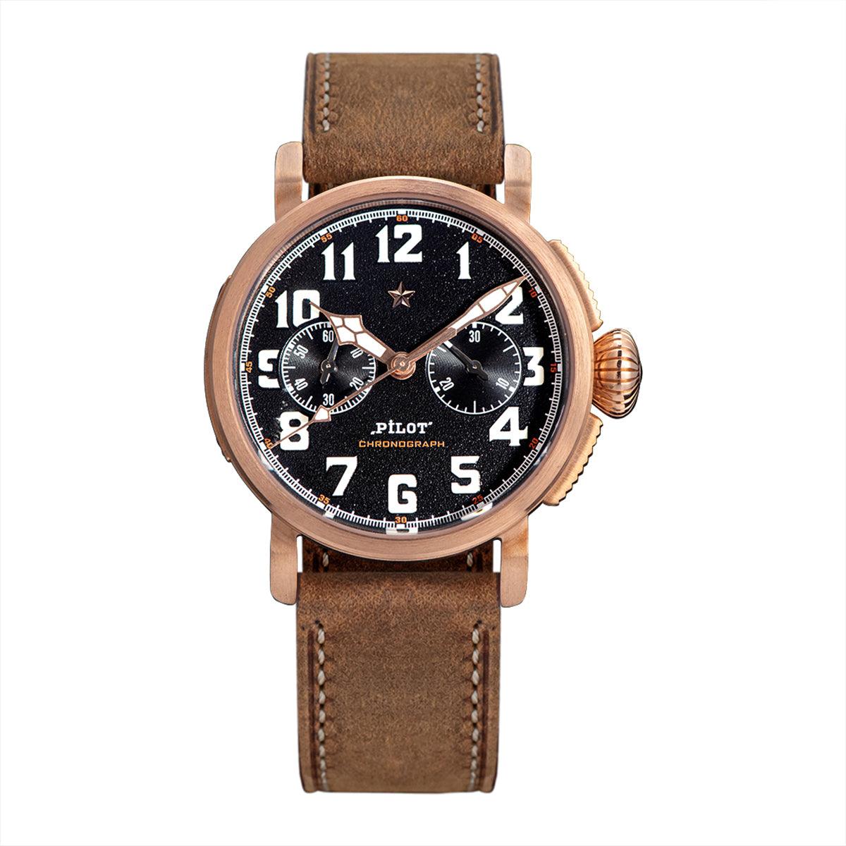 Seagull chronograph Retro German Tin Bronze Watch Big Pilot Mechanical Men's Watch Seagull's 1901 Movement Watch - Murphy Johnson Watches Co.