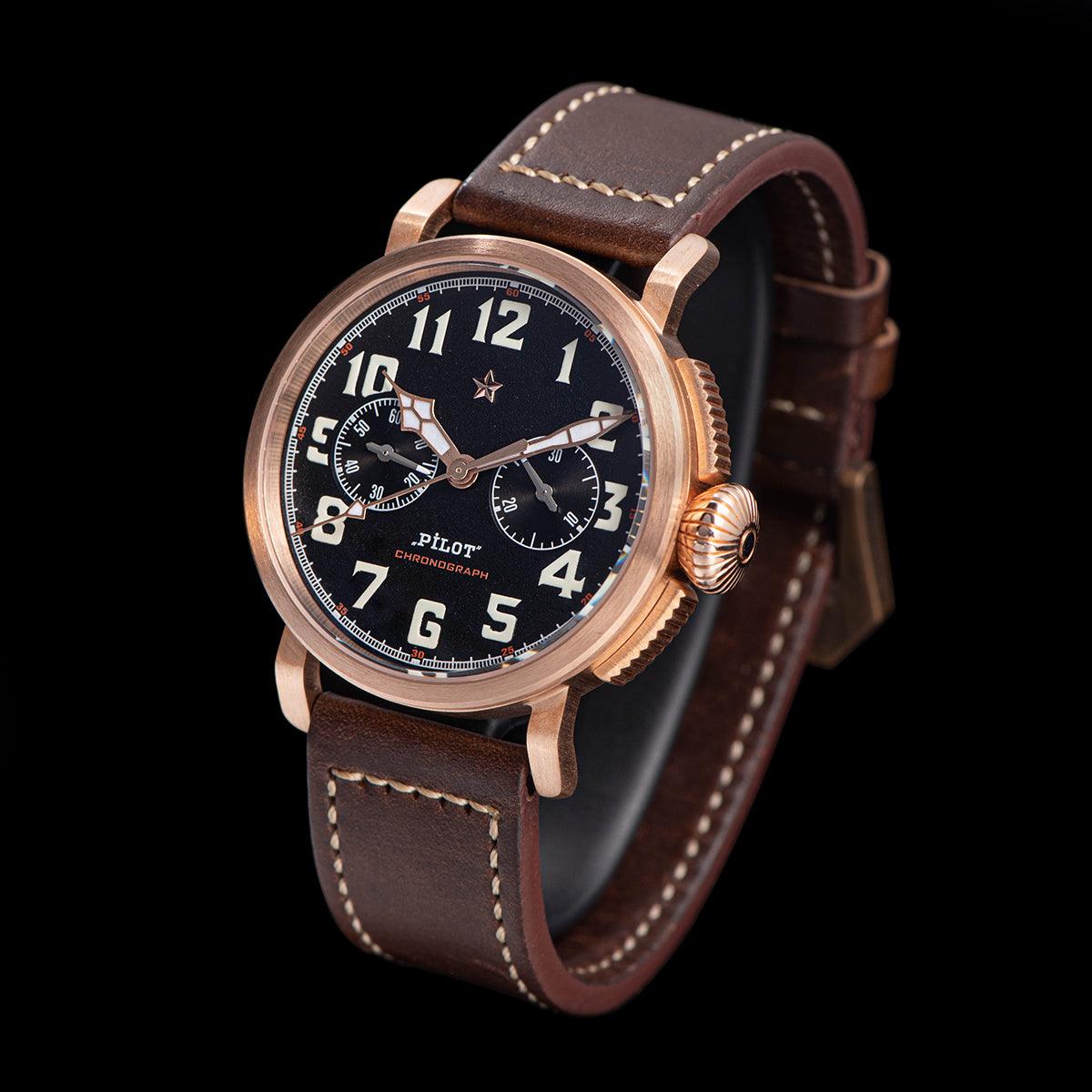 Seagull chronograph Retro German Tin Bronze Watch Big Pilot Mechanical Men's Watch Seagull's 1901 Movement Watch - Murphy Johnson Watches Co.