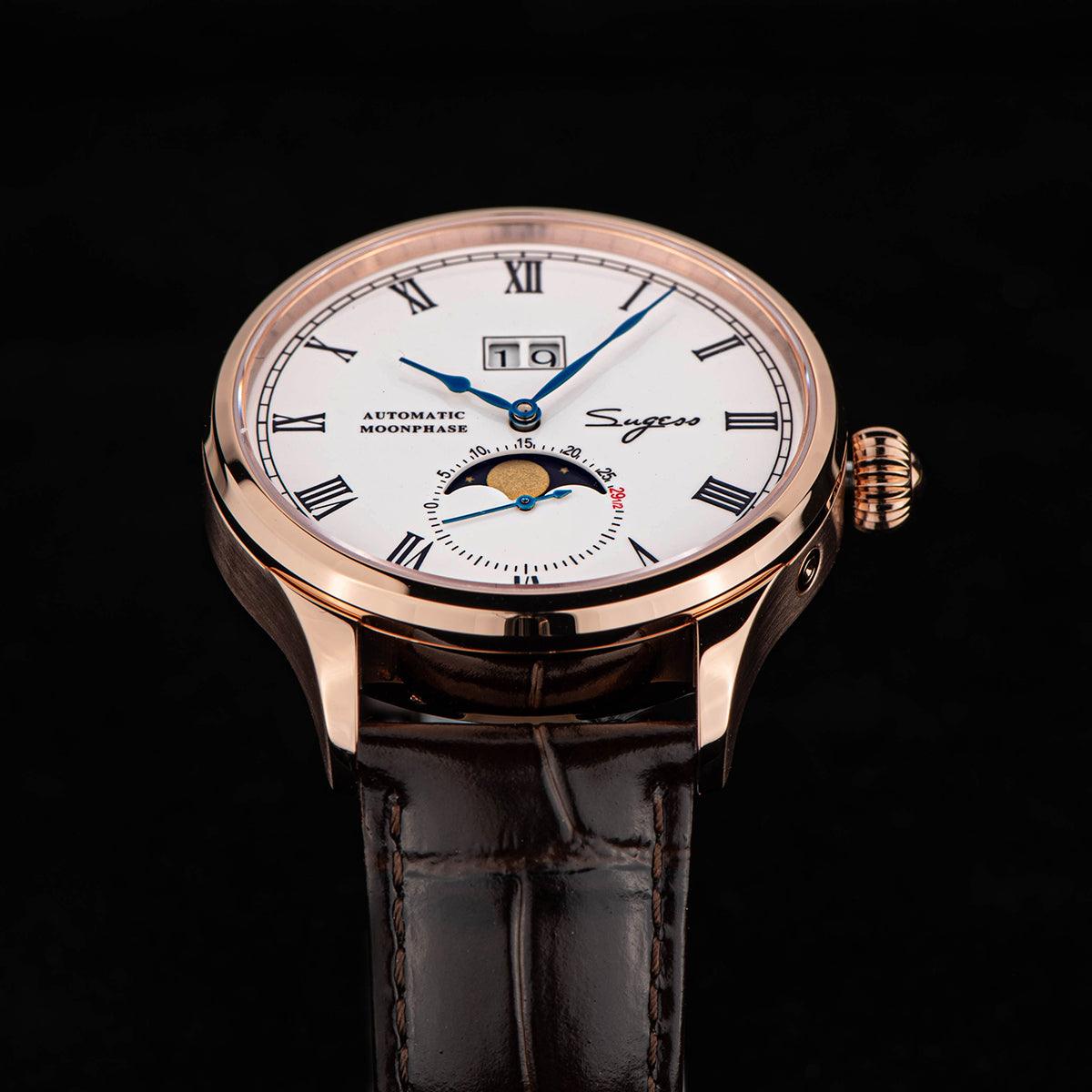 Sugess Automatic Moon Phase Men's Watch Gold Color Case with Seagull Movement, Business Elegance, and Enamel Dial - Murphy Johnson Watches Co.