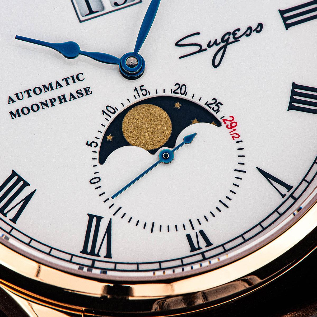 Sugess Automatic Moon Phase Men's Watch Gold Color Case with Seagull Movement, Business Elegance, and Enamel Dial - Murphy Johnson Watches Co.