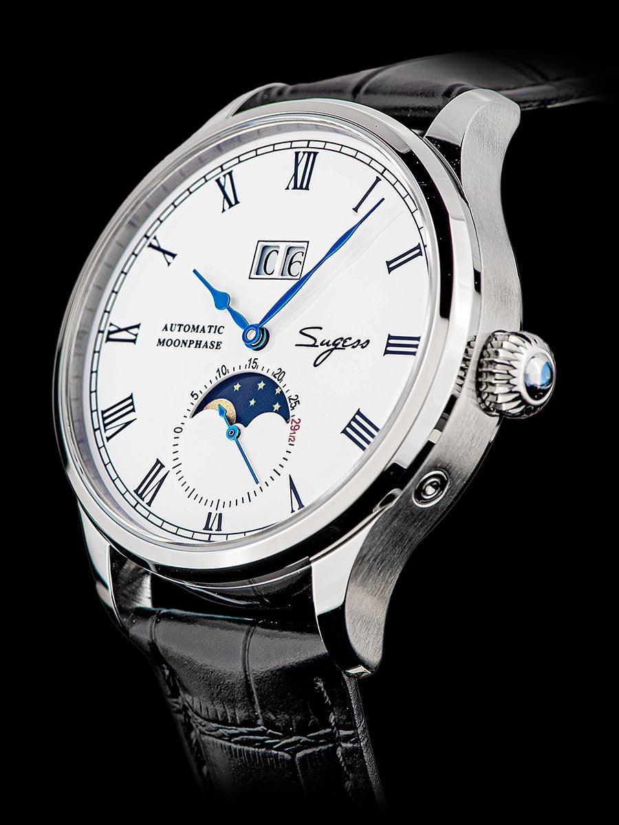 Sugess Automatic Moon Phase Men's Watch Stainless Steel Case with Seagull Movement, Business Elegance, and Enamel Dial - Murphy Johnson Watches Co.