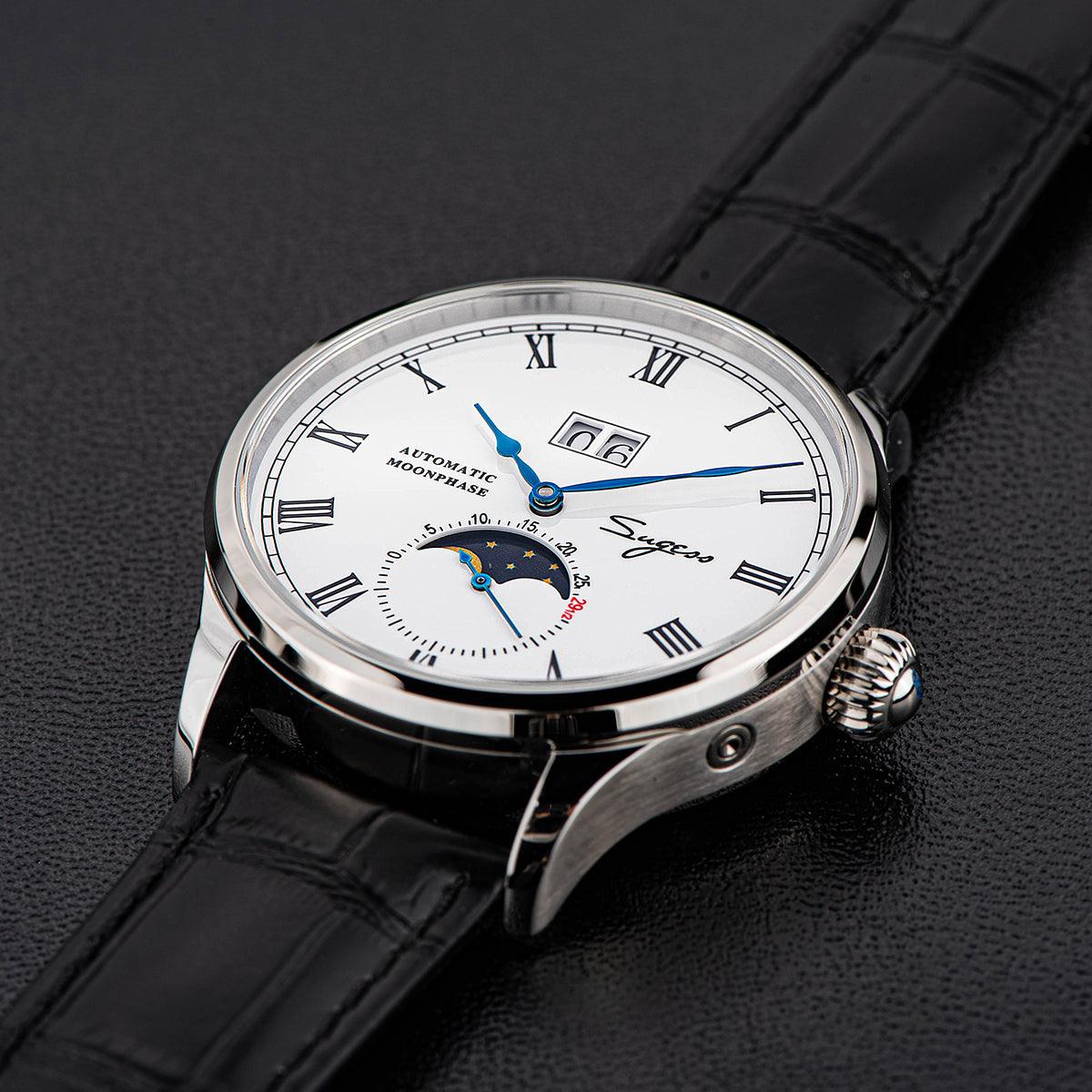 Sugess Automatic Moon Phase Men's Watch Stainless Steel Case with Seagull Movement, Business Elegance, and Enamel Dial - Murphy Johnson Watches Co.