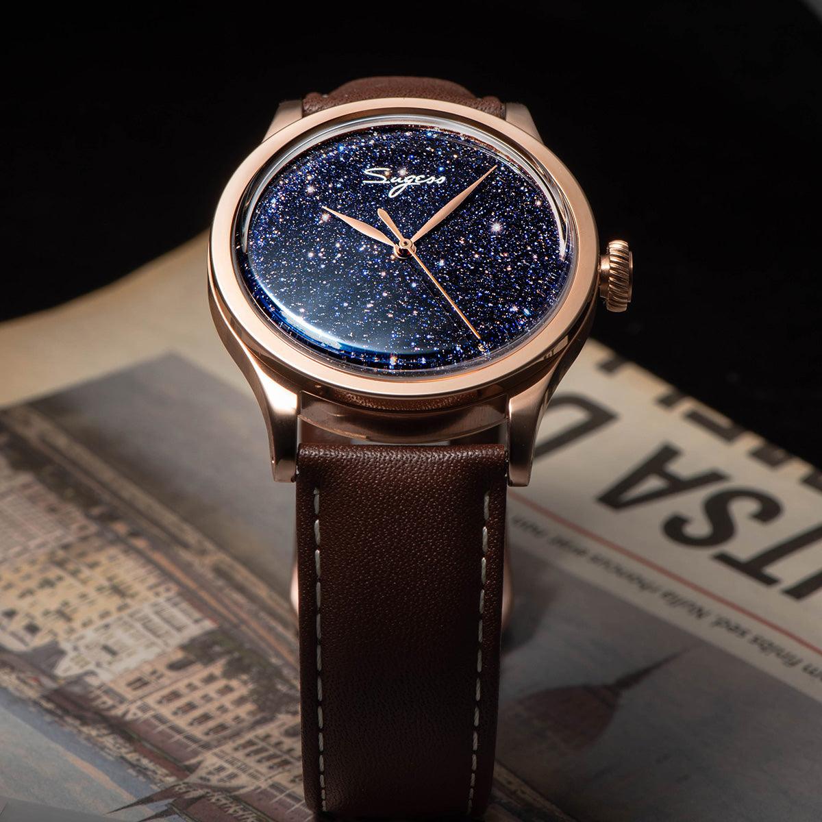 Sugess Blue Sandstone Gold Color Case Mechanical Watch with ST2130 Seagull Movement - Murphy Johnson Watches Co.