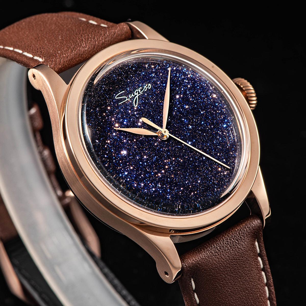 Sugess Blue Sandstone Gold Color Case Mechanical Watch with ST2130 Seagull Movement - Murphy Johnson Watches Co.