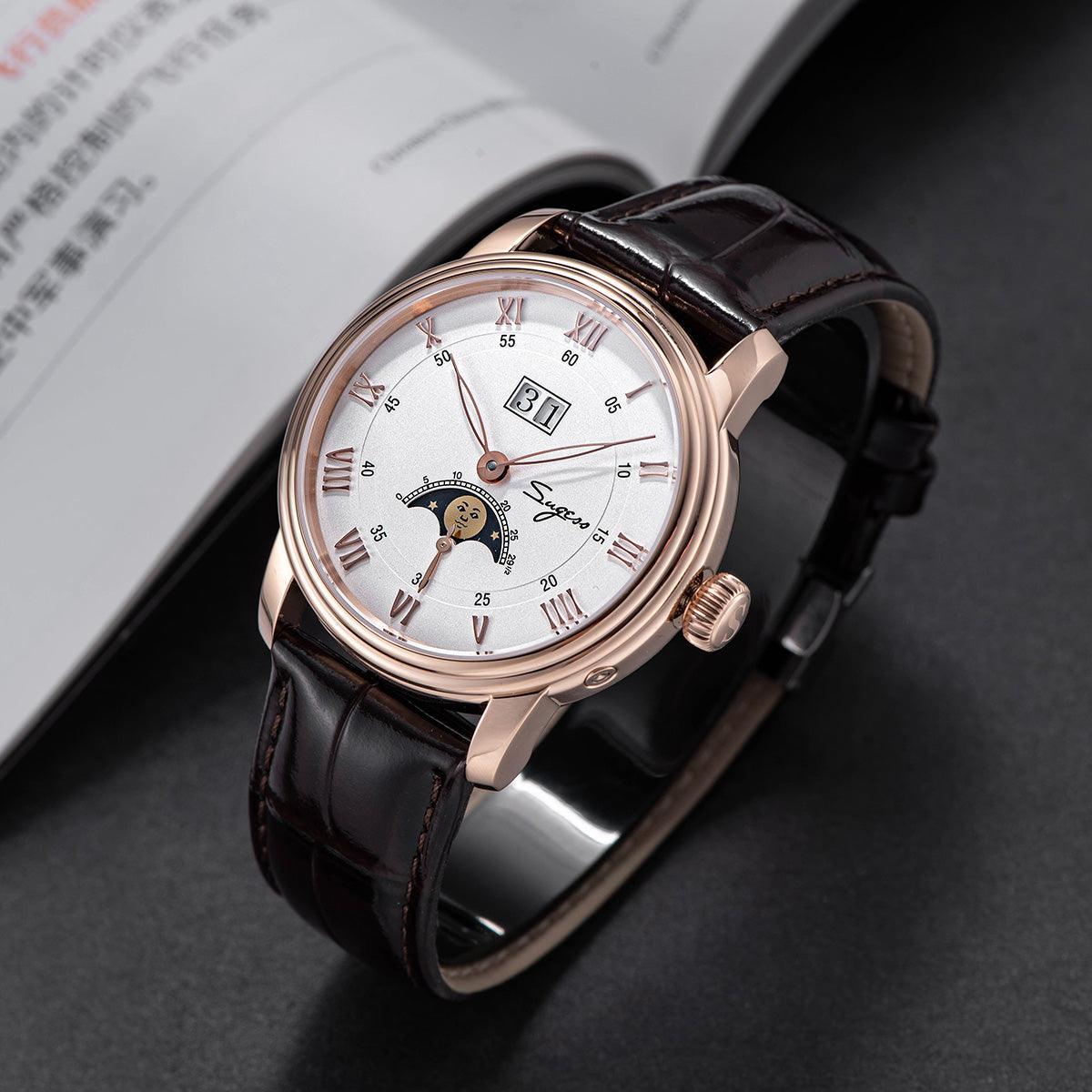 Sugess mechanical men's watch Seagull ST2528 automatic movement smiley face moon phase waterproof personalized customized automatic watch - Murphy Johnson Watches Co.