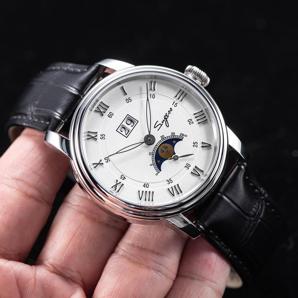 Sugess mechanical men's watch Seagull ST2528 automatic movement smiley face moon phase waterproof personalized customized automatic watch - Murphy Johnson Watches Co.
