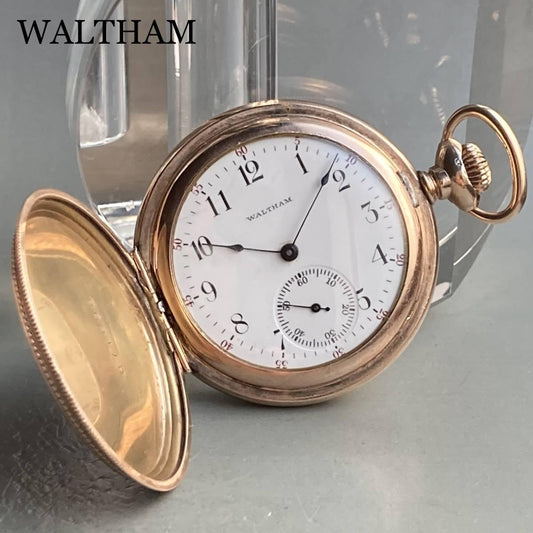 Waltham Pocket Watch Antique Manual Hunter Case 41mm Gold - Murphy Johnson Watches Co.